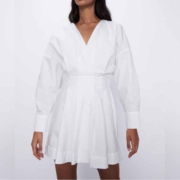 Zara Cross Front White Long Sleeve Mini Dress Size Small - Picture 2 of 10